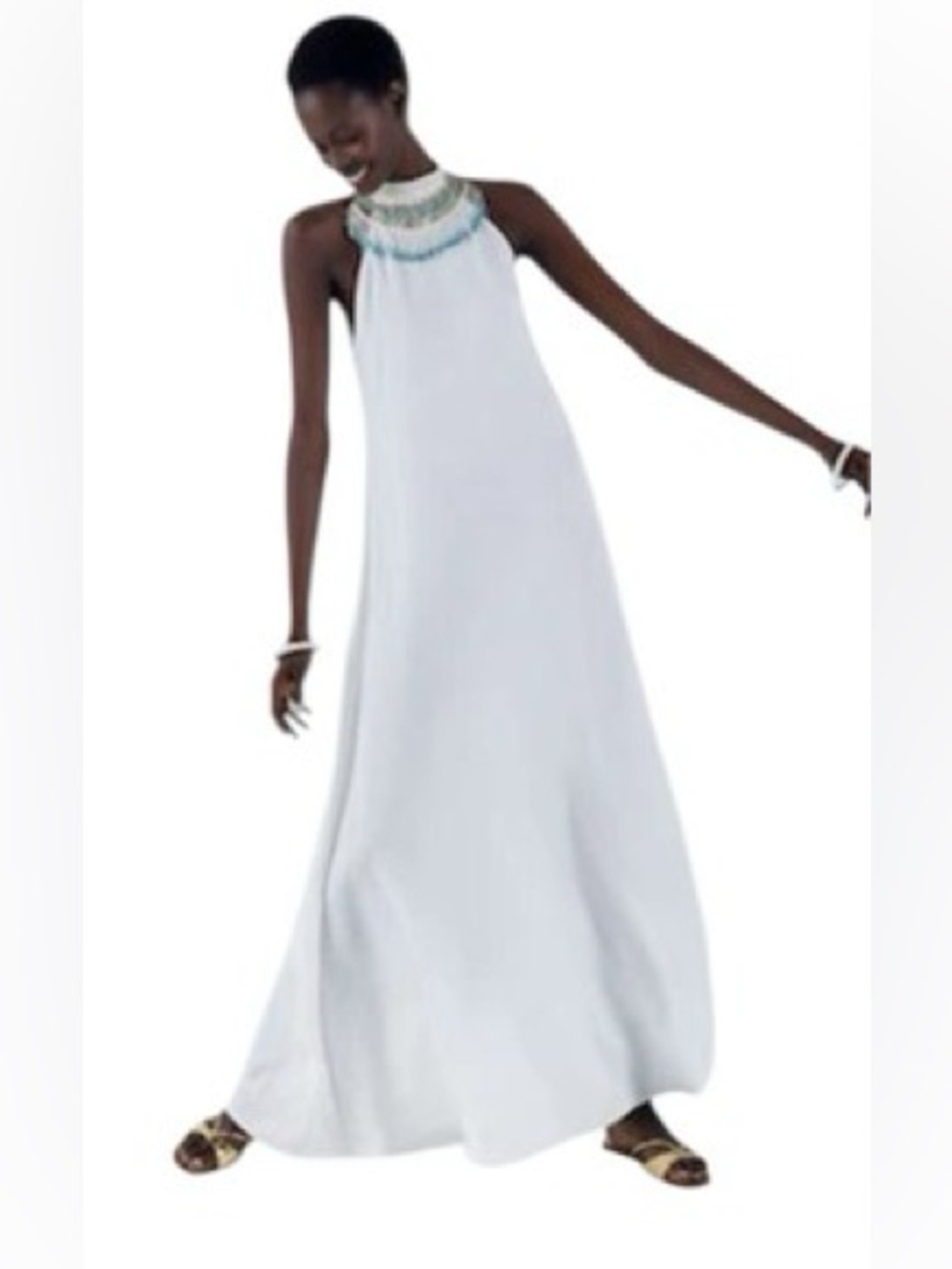 NWT MY BEACHY SIDE White Beaded Halter Maxi Dress Cover Up Sz Small